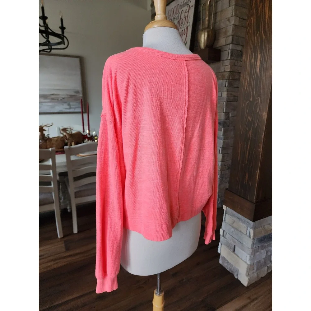 Aerie Coral‎ Pink Cropped Long Sleeve Pocket T Shirt Women Size S